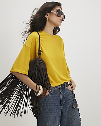 Yellow Drop Shoulder Linen Blend T-shirt