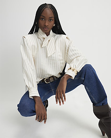 Cream Striped Tie Neck Blouse