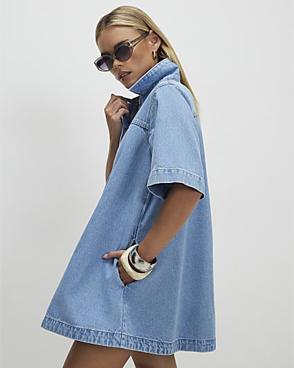Petite Blue Denim Long Sleeve Shirt Dress | River Island