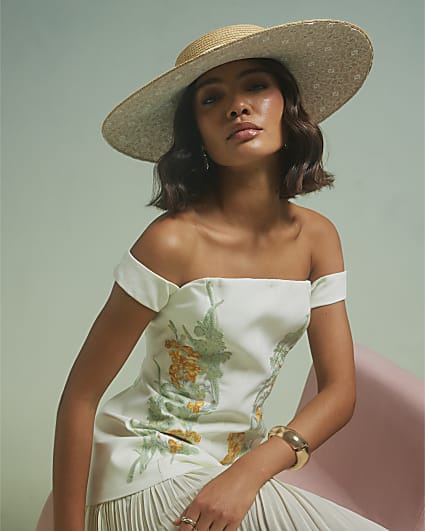 Beige Amayah Wide Brim Embroidered Boater Hat