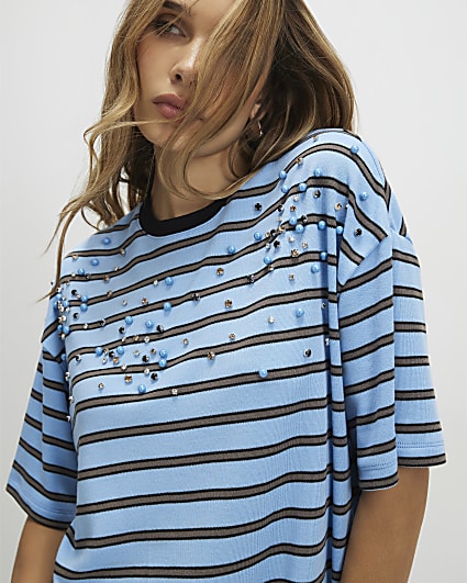 Blue Stripe Embellished T-Shirt