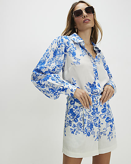 Blue Floral Boarder Print Linen Blend Blouse