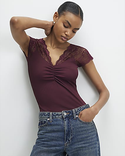 Red Short Sleeve Lace Trim Ruched Top