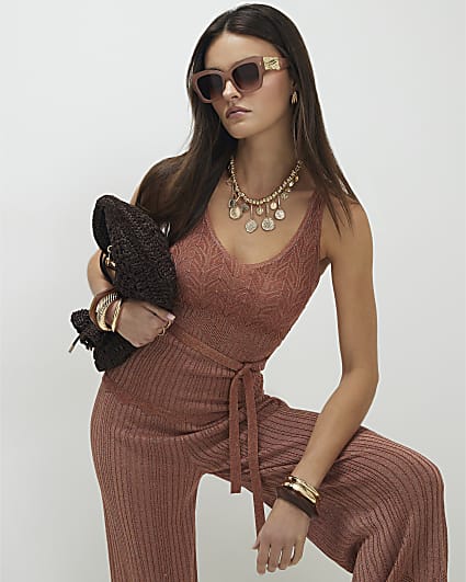 Brown Metallic Knit Vest Top