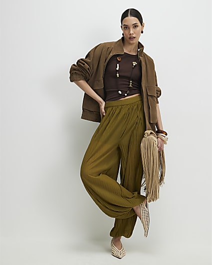 Khaki Pleated Mesh Balloon Leg Trousers