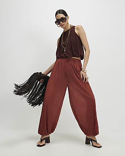 Brown Pleated Mesh Balloon Leg Trousers