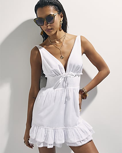 White Cotton Shirred Waist Mini Dress