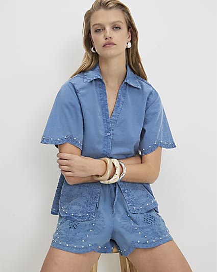 Blue Chambray Broderie Studded Shirt