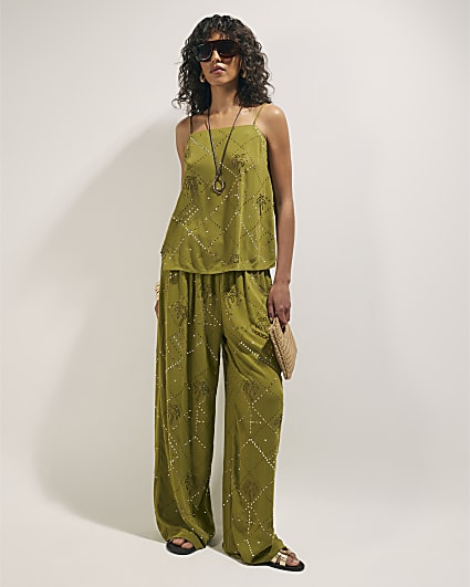 Green Palm Embellished Trousers