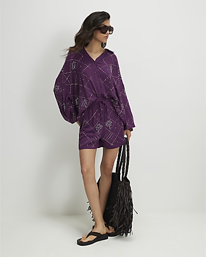 Purple Embellished Palm Shorts
