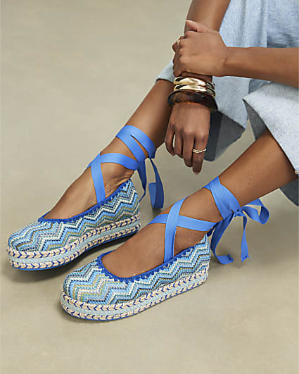 Blue Zig Zag Raffia Lace Up Flatform Shoes