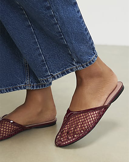 Red Mesh Slip On Flat Shoes