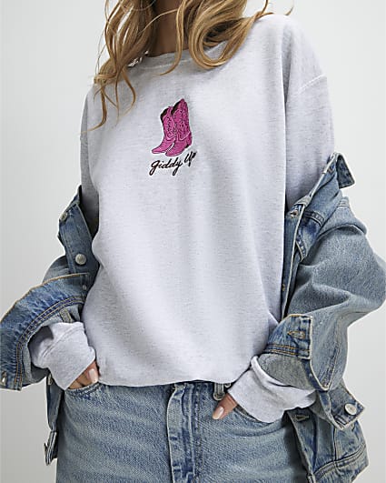Grey Giddy Up Cowboy Boots Sweatshirt