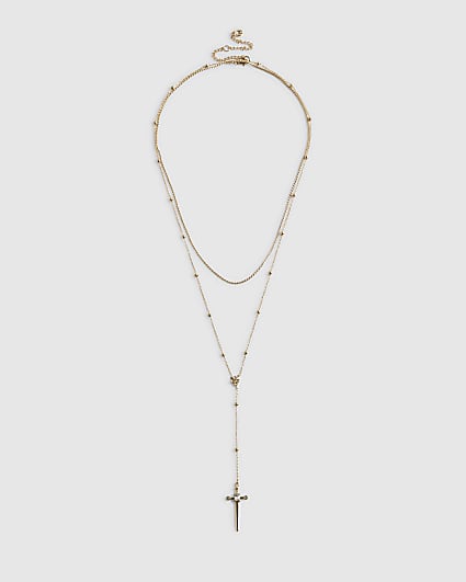 Gold Layered Cross Lariat Necklace