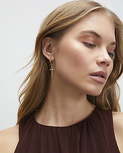 Gold Cross Drop Hoop Earrings