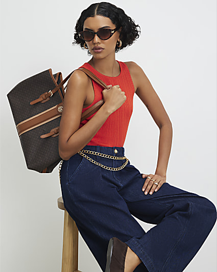 Brown Stripe Panel Monogram Shopper Bag