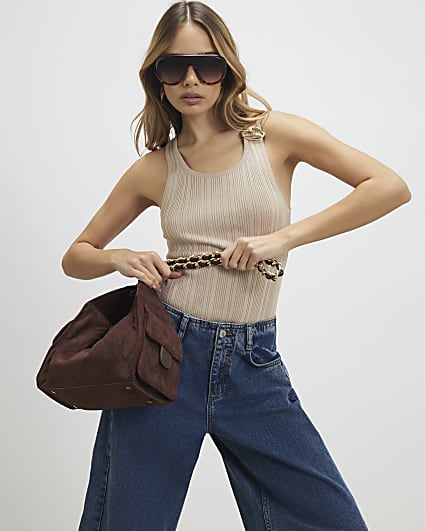 Brown Quilted Chain Handle Slouch Bag