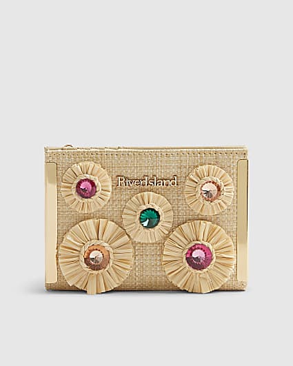 Beige Raffia Gemstone Foldout Purse