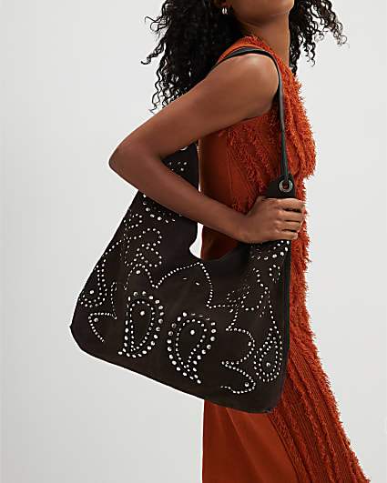 Brown Suede Studded Slouch Bag