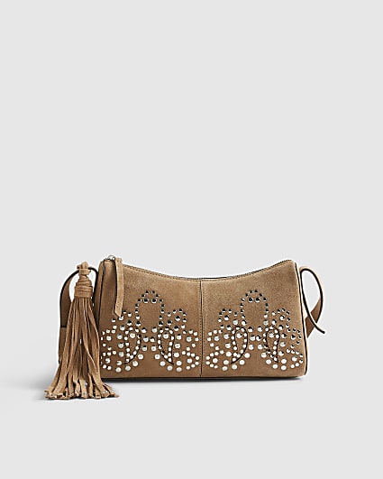 Beige Suede Studded Cross Body Bag
