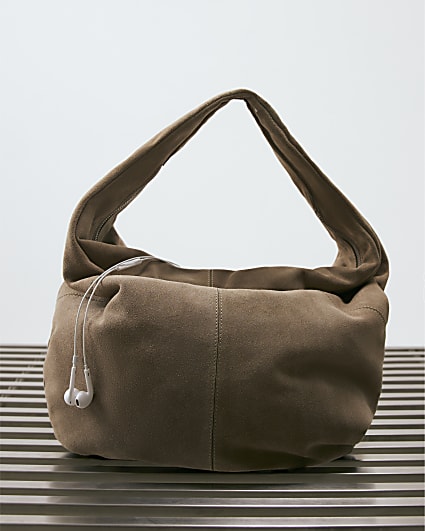 Beige Suede Zipped Slouch Shoulder Bag