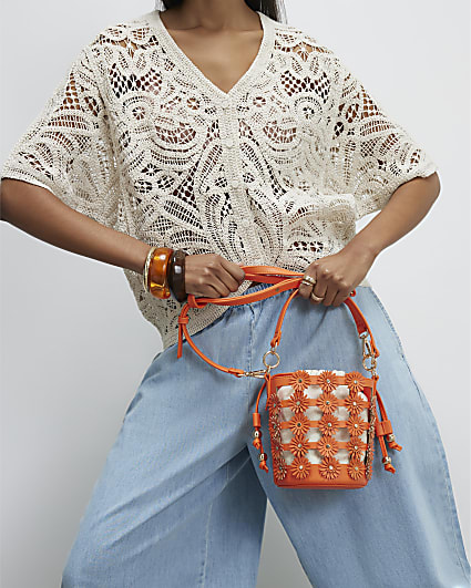 Orange 3D Floral Cut Out Bucket Bag
