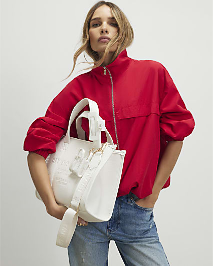 White Faux Leather Embroidered Tote Bag