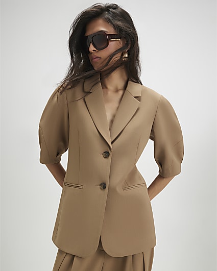 Beige Short Sleeve Tailored Blazer