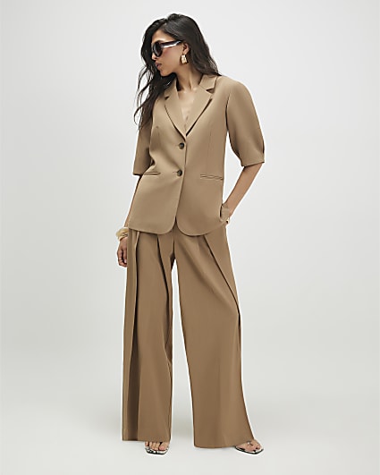 Beige Belted Barrel Leg Trousers