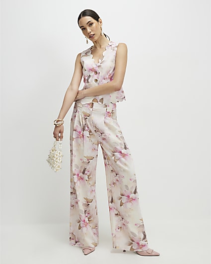 Pink Linen Blend Floral Wide Leg Trousers