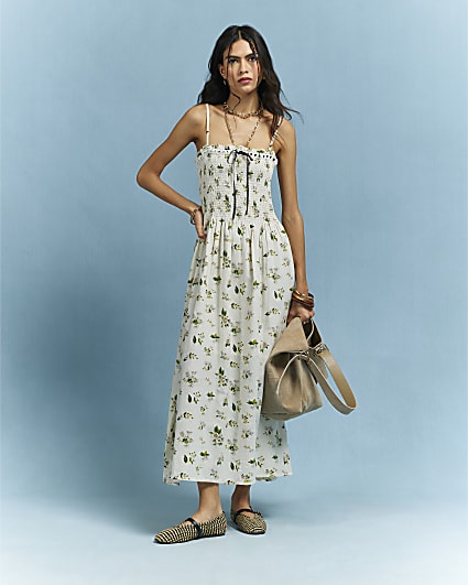 Cream Cotton Daisy Shirred Midi Dress