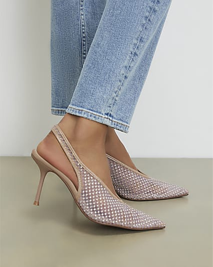 Beige Embellished Slingback Court Heels