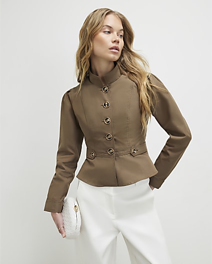 Beige High Neck Fitted Jacket