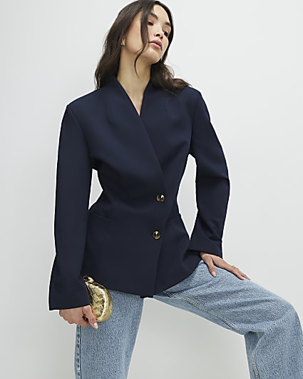 Navy Collarless Blazer