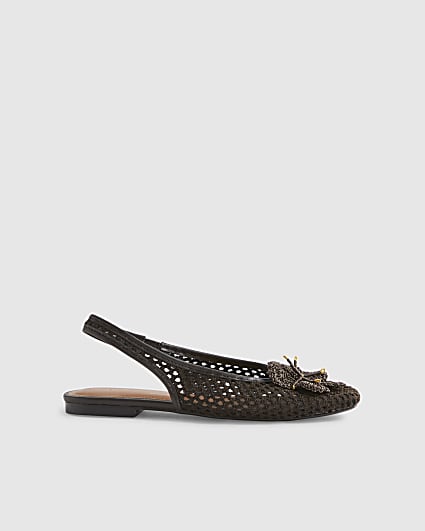 Brown Flower Crochet Flat Slingback Shoes