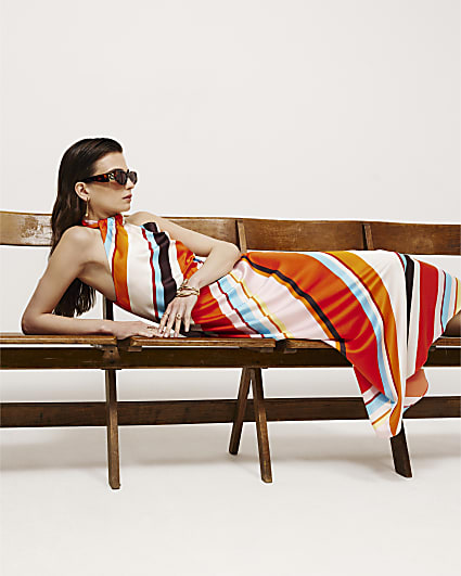 Orange Halter Satin Maxi Dress