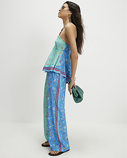 Blue Shell Print Wide Leg Trousers
