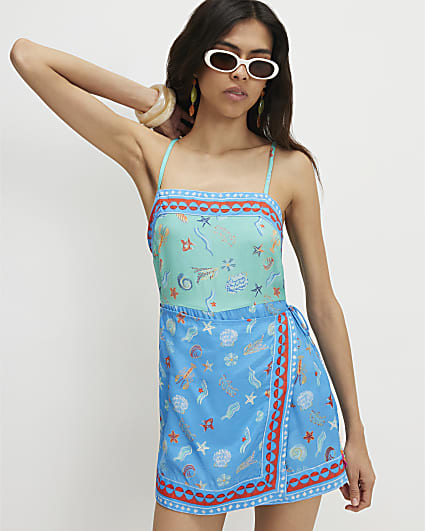 Blue Shell Print Tie side Playsuit