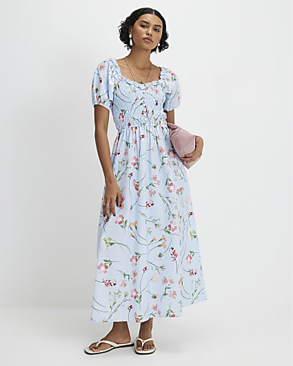 Blue Floral Shirred Midi dress