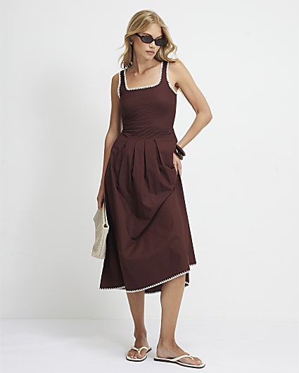 Brown Pleated Poplin Midi Dress