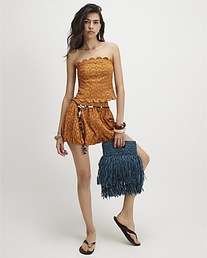 Orange Cotton Broderie Bubble Hem Shorts
