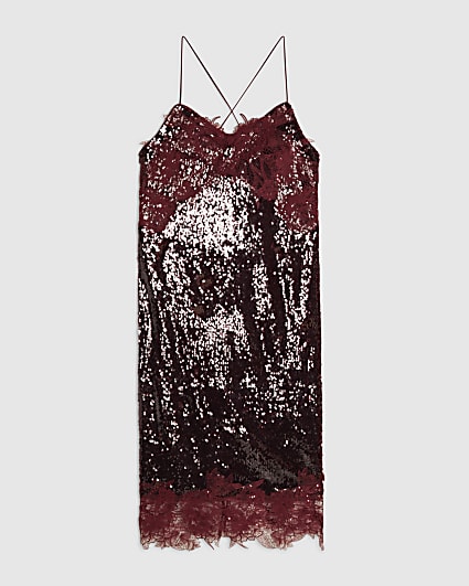 Petite Red Sequin Lace Trim Cami Midi Dress