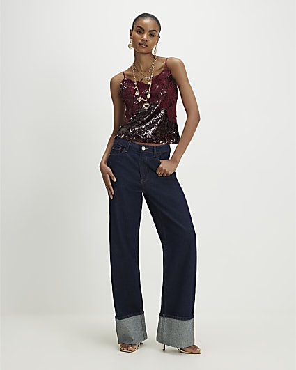 Red Sequin Lace Cami Top