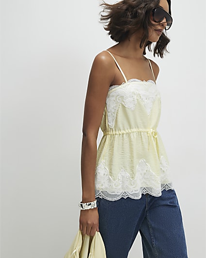 Yellow Lace Trim Cinched Cami Top