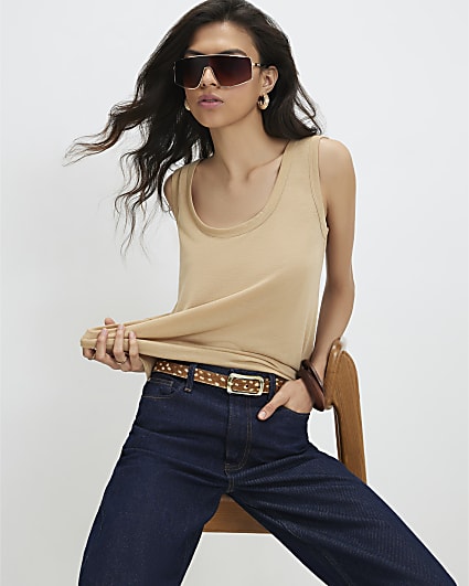 Beige Linen Blend Scoop Neck Tank Top