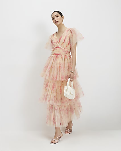 Beige Tulle Midi Dress