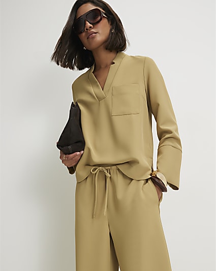Green Long Sleeve Pocket Detail Tunic Top