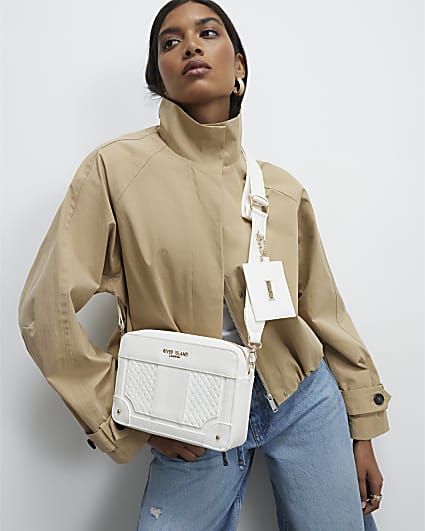 White Embossed Paneled Crossbody Bag