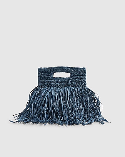 Blue Raffia Fringed Clutch Bag