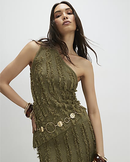 Khaki Knitted Asymmetric Fringed Top